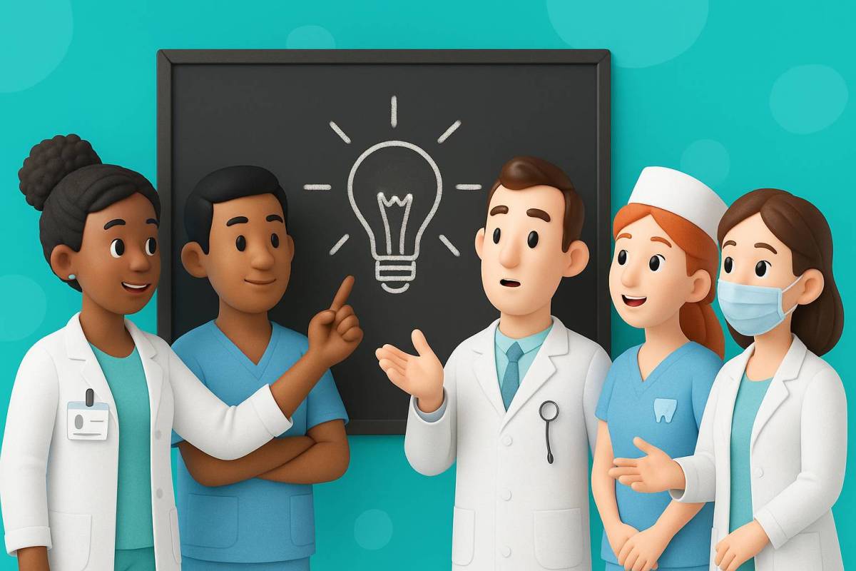 Dental professionals discussing ideas at a blackboard